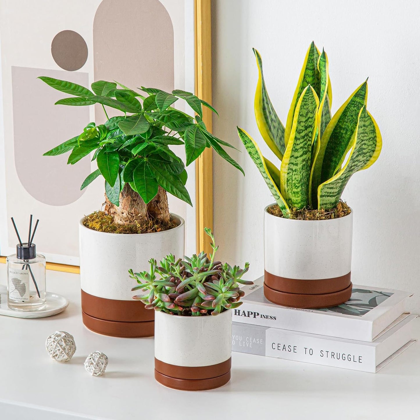 vancasso Ceramic Plant Pots, 3 Piece Planters for Indoor Plants, 4.25+5.25+6.25 Inch Flower Pots with Drainage, Plant Pots Indoor for Succulent, Pothos, Snake Plant and Money Tree, Etc (White)