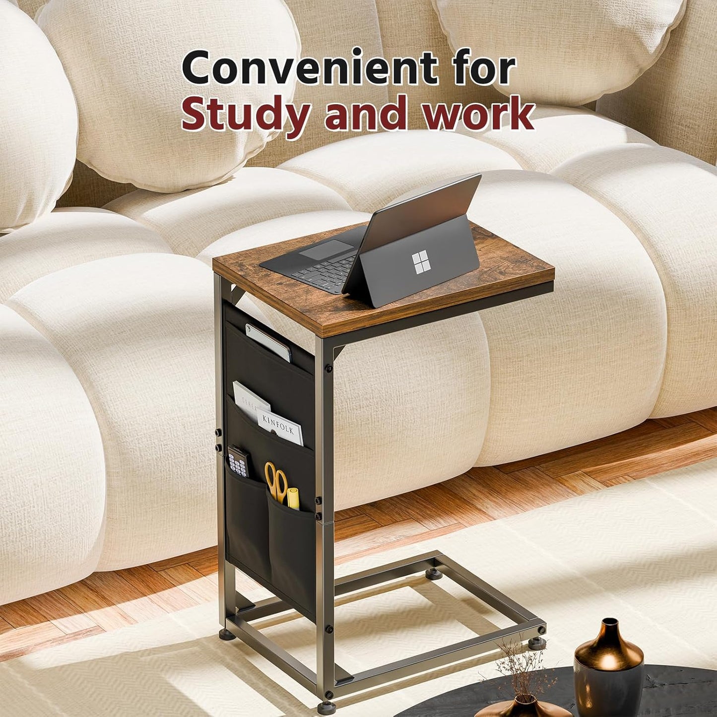 Simple Trending C Shaped End Table, TV Tray for Couch, Small Side Table with Metal Frame, for Living Room Bedroom, Rustic Brown