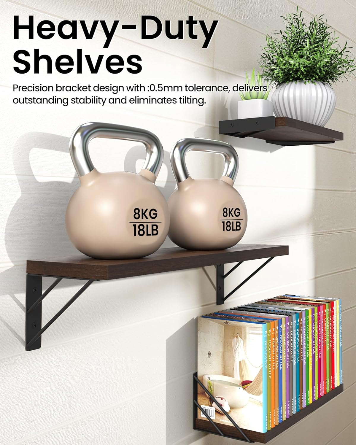 BAYKA Wall Mounted Floating Shelves, Wood Floating Wall Shelf for Books & Decor, Small Space-Saving Display & Organizer（Black，Set of 3）
