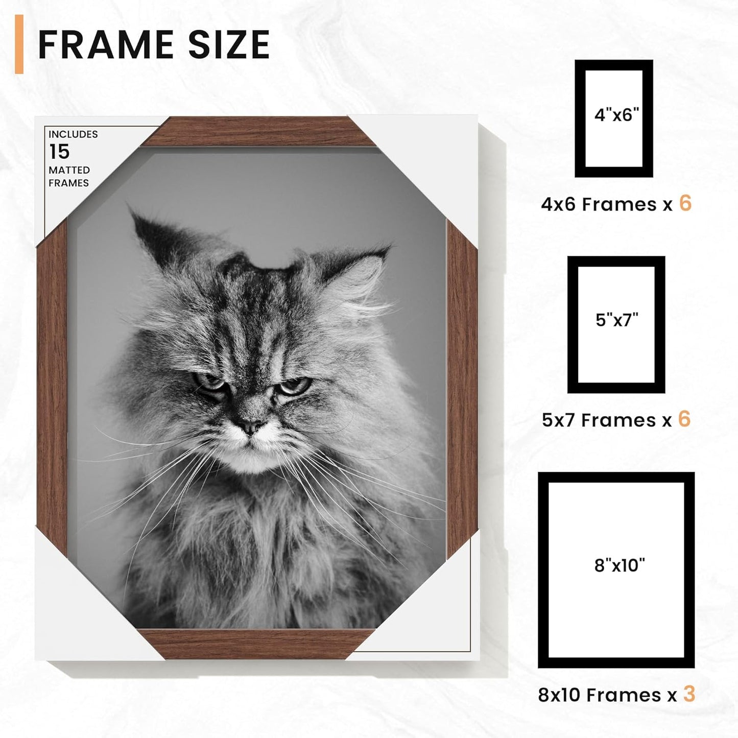 Venusmiles 15 Pack Picture Frames Collage Wall Decor, Gallery Frame Set for Wall Mounting or Tabletop Display, Multi Sizes Including 3pcs 8x10, 6pcs 5x7, 6pcs 4x6, Oak