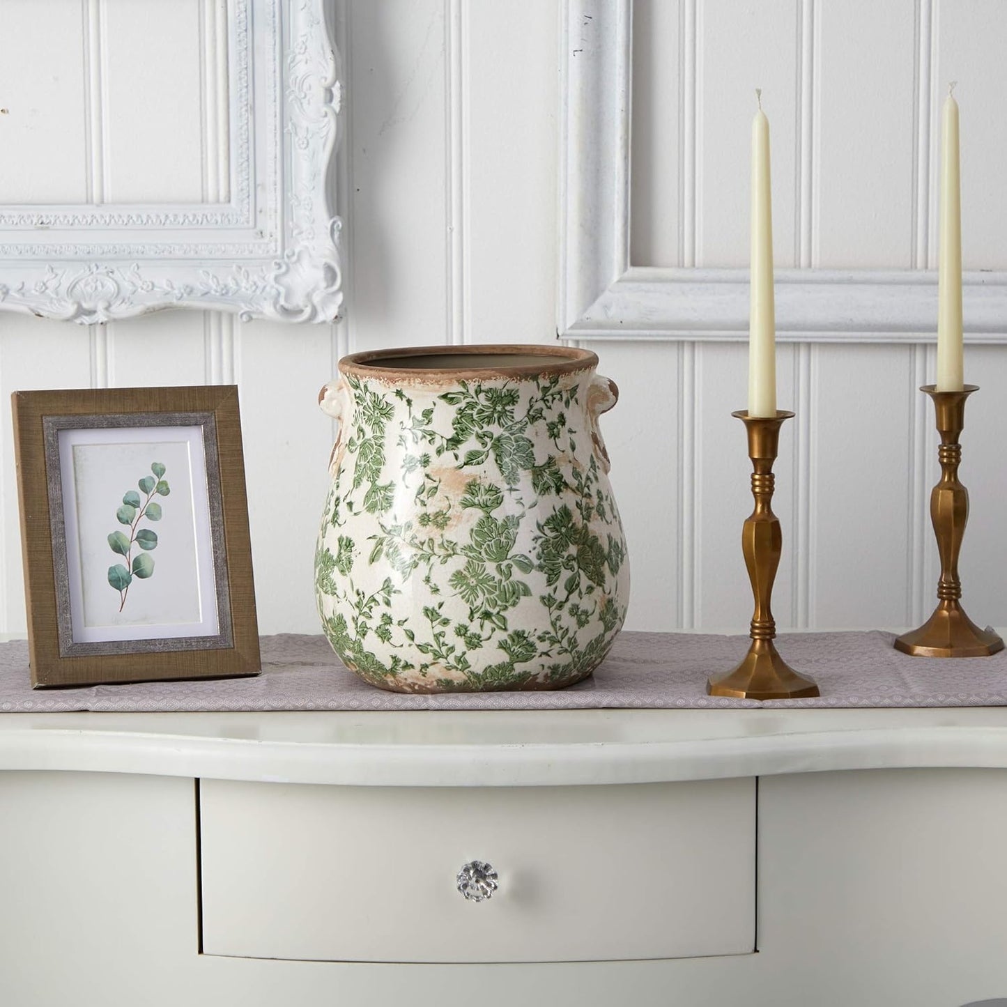 Nearly Natural 6.5in Ceramic Decorative Vase Tuscan Style Green Floral Scroll Design for Indoor Home Decor Centerpieces Tables Small Flower Vases