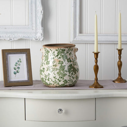 Nearly Natural 6.5in Ceramic Decorative Vase Tuscan Style Green Floral Scroll Design for Indoor Home Decor Centerpieces Tables Small Flower Vases