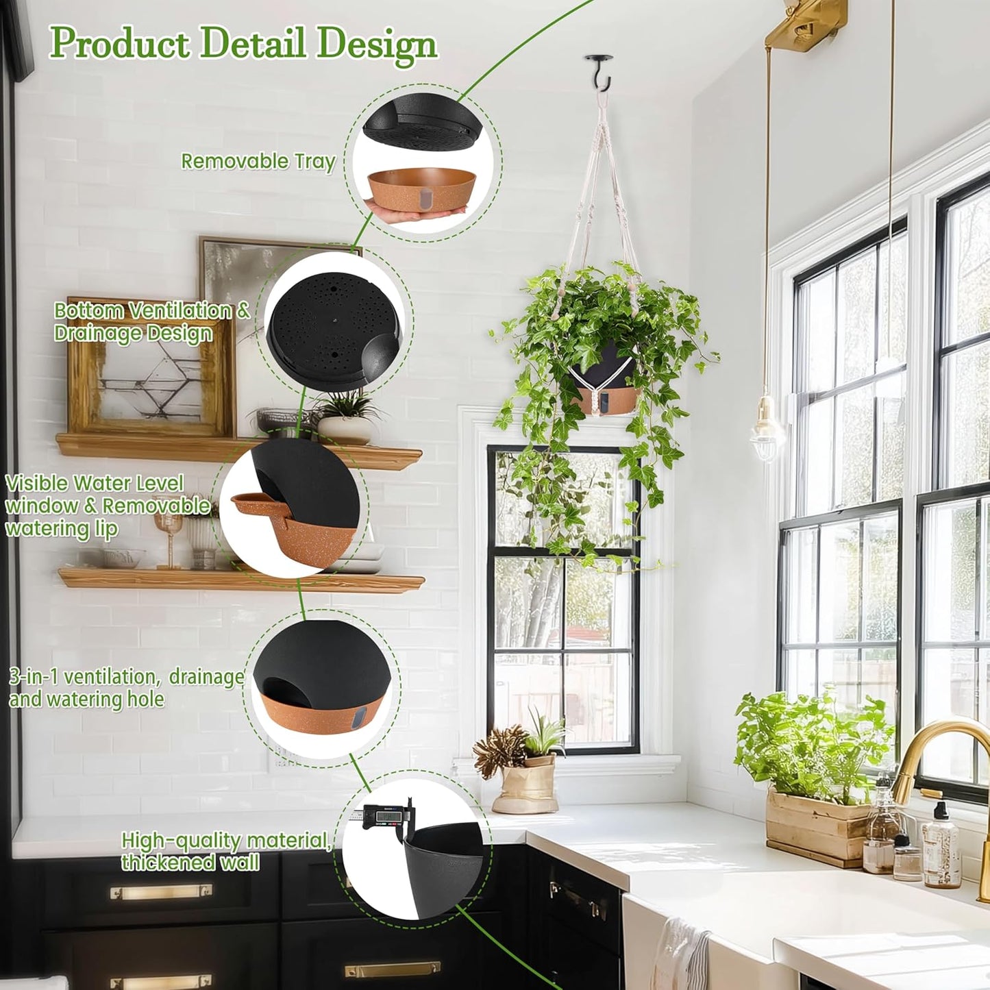 10 Inch Hanging Planters for Indoor Plants, 2 Pack Self Watering Hanging Baskets Flower Pots with Drainage Hole, Visual Reservoir & 2 Kinds of Plant Hanger for Outdoor Garden Home Decor (White)