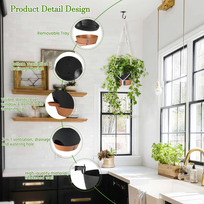 10 Inch Hanging Planters for Indoor Plants, 2 Pack Self Watering Hanging Baskets Flower Pots with Drainage Hole, Visual Reservoir & 2 Kinds of Plant Hanger for Outdoor Garden Home Decor (White)
