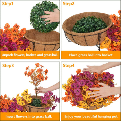 2 Set Artificial Hanging Flowers with Basket for Outdoor Spring Summer Decor, 2 Hanging Planters with 24 Pcs Silk Daisy Flowers for Garden Porch Patio Balcony Decoration