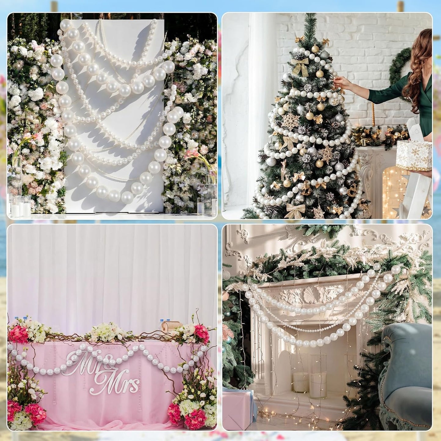Canlierr 2 Pcs 5.6ft Wedding Giant Pearl Garland Decorations Large Faux Bead Garland with Hook for Ceremony Photo Booth Outdoor Proposal Scene Garden Beach Party Decor(Ivory White,25mm,Simple)