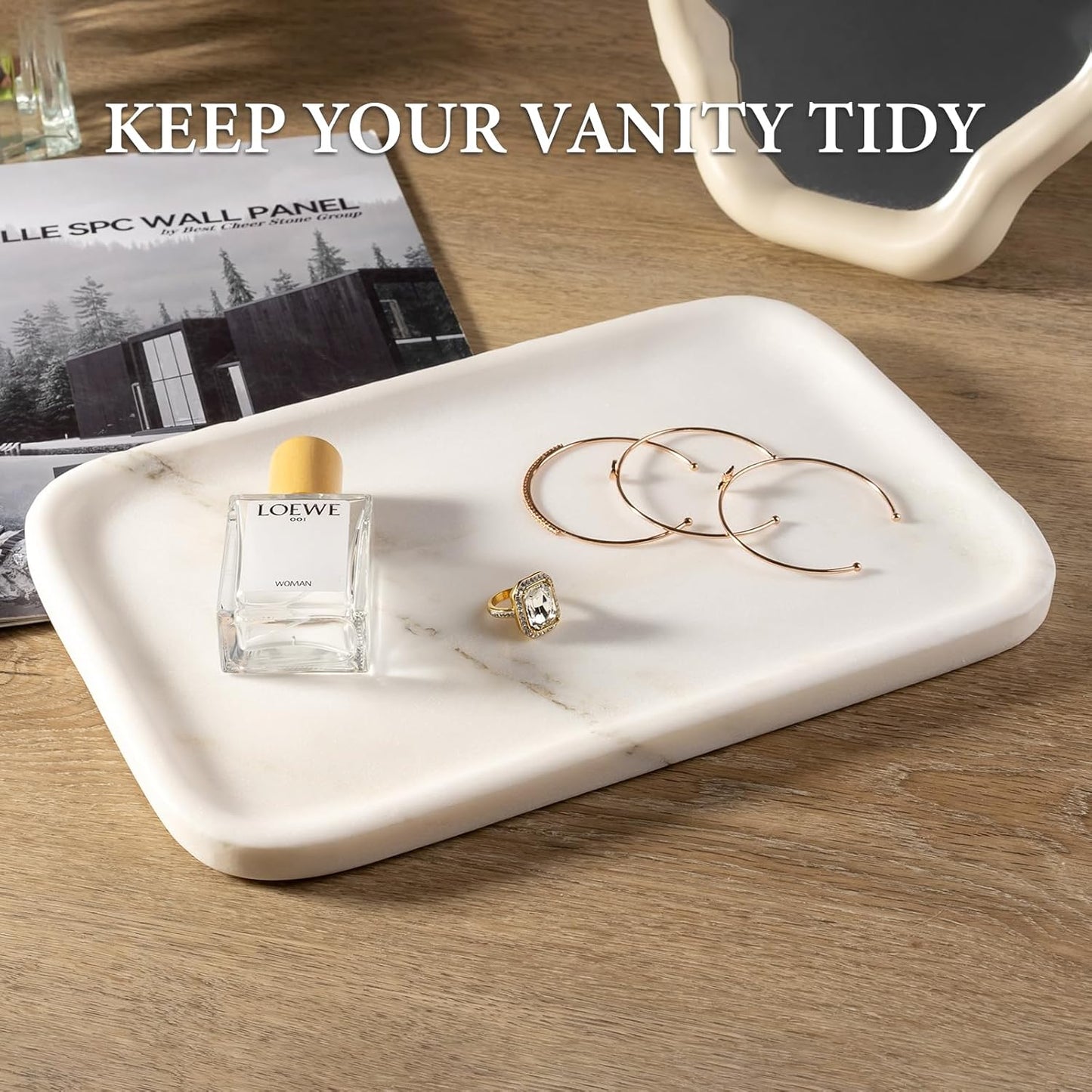 Koville Romano Travertine Tray, 12"x8" Natural Stone Vanity Tray for Countertop Bathroom Kitchen Dresser, Decorative Marble Catchall Trays for Perfume Jewelry, Rectangular Serving Tray(Beige)