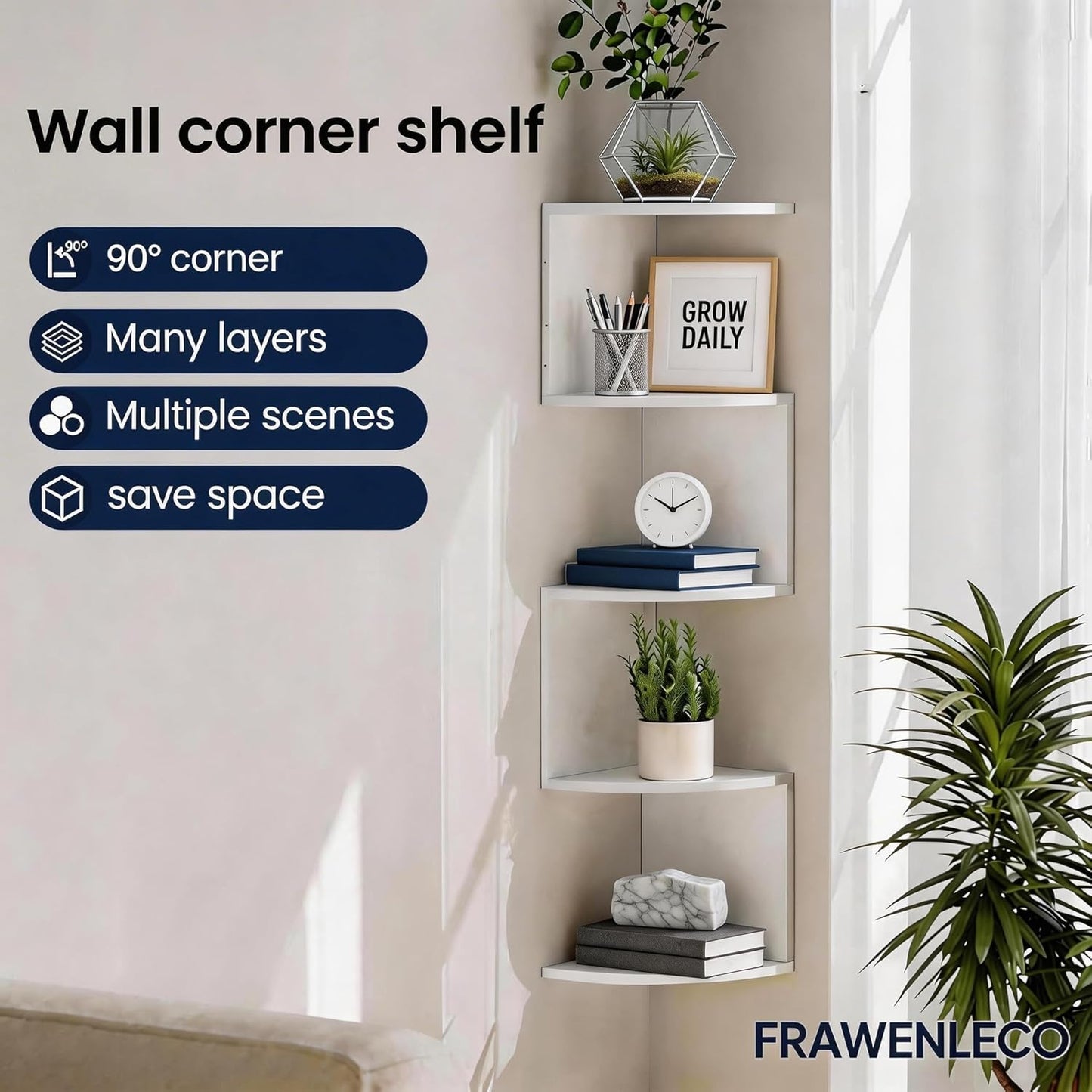 No-Drill Corner Shelf Wall Mount, 5-Tier Floating Corner Bookshelf with Hooks, Space-Saving Zigzag Plant Shelf for Bedroom, Living Room, Bathroom, Home Office