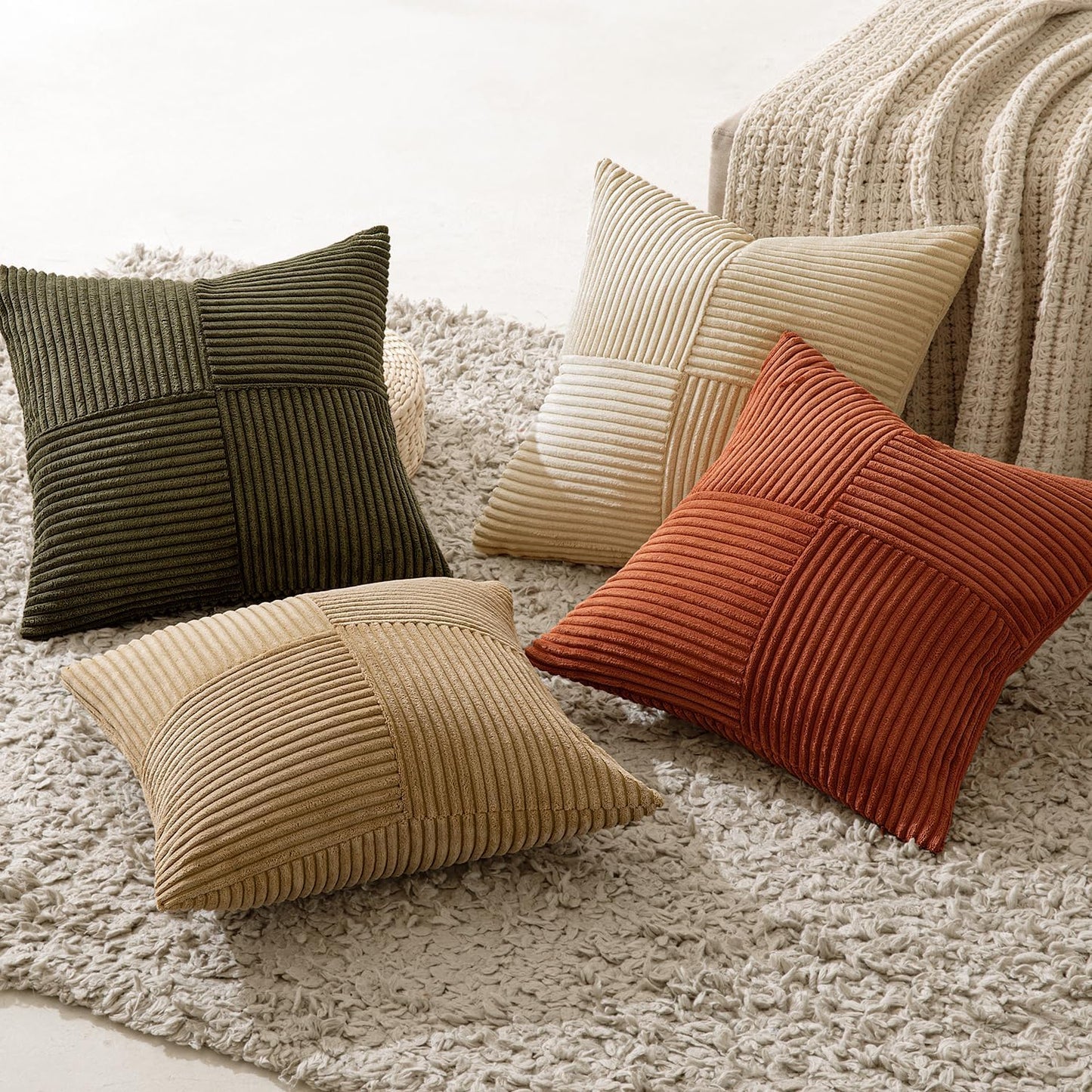 MIULEE Teal Orange Decorative Throw Pillow Covers 18x18 Inch Set of 4 Boho Corduroy Striped Cushion Cases Modern Farmhouse Patchwork Pillow Cases for Couch Sofa Bedroom Home Decor
