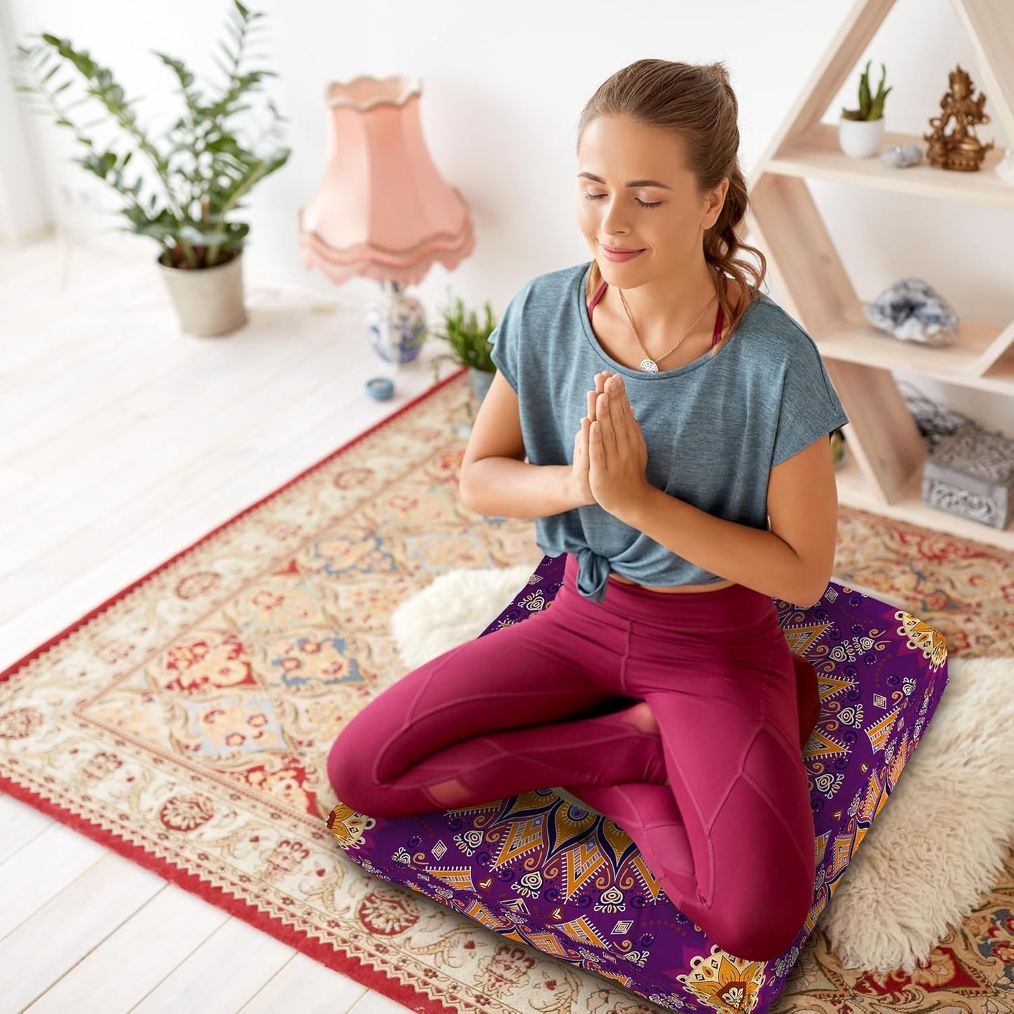 Mandala Meditation Cushion, Boho Meditation Mat, Meditation Pillows for Sitting on Floor, Cushions for Sitting in Home and Outdoor, Square Floor Pillow Cushion Seating for Yoga Accessories 22'' X 22''