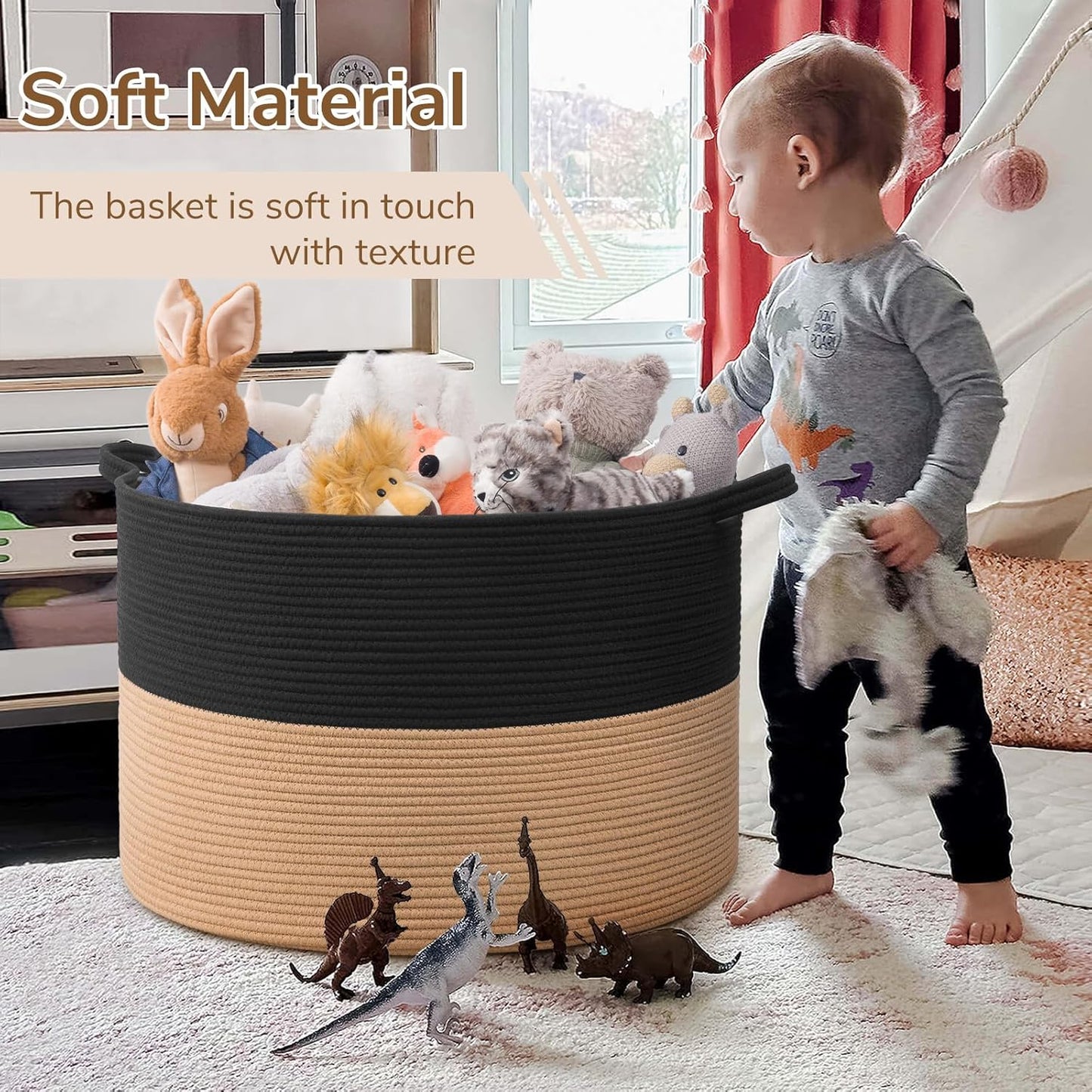 INDRESSME XXXLarge Blanket Basket for Living Room 21.7" x 21.7" x 13.8"-Storage Basket with Handle for Organizing Toy Pillows Woven Cotton Rope Laundry Basket Stuffed Animal Toy Storage for Play Room