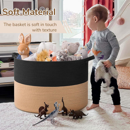 INDRESSME XXXLarge Blanket Basket for Living Room 21.7" x 21.7" x 13.8"-Storage Basket with Handle for Organizing Toy Pillows Woven Cotton Rope Laundry Basket Stuffed Animal Toy Storage for Play Room