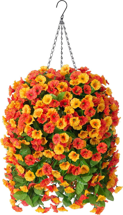 INXUGAO Artificial Flowers with Hanging Basket, Outdoor Faux Plants Silk Morning Glory Vines, Fake Green Arrangement for Garden Patio Spring Summer Decor(4pcs,Darkorchid)
