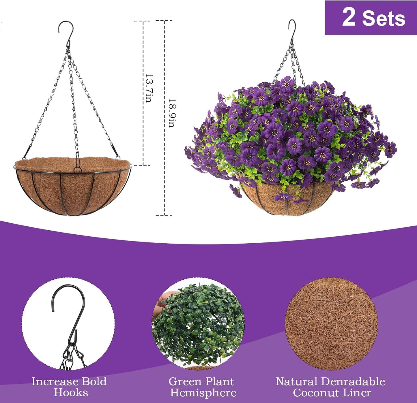 Hananona 2 Set Artificial Outdoor Flowers with Hanging Basket, 2 Hanging Planters with 24 Pcs Flowers for Spring Summer Front Porch Garden Patio Home Decor (2, Red, Purple, Yellow, Rose Red)