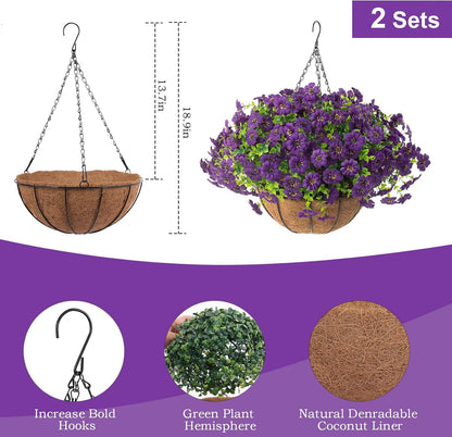 Hananona 2 Set Artificial Outdoor Flowers with Hanging Basket, 2 Hanging Planters with 24 Pcs Flowers for Spring Summer Front Porch Garden Patio Home Decor (2, Red, Purple, Yellow, Rose Red)