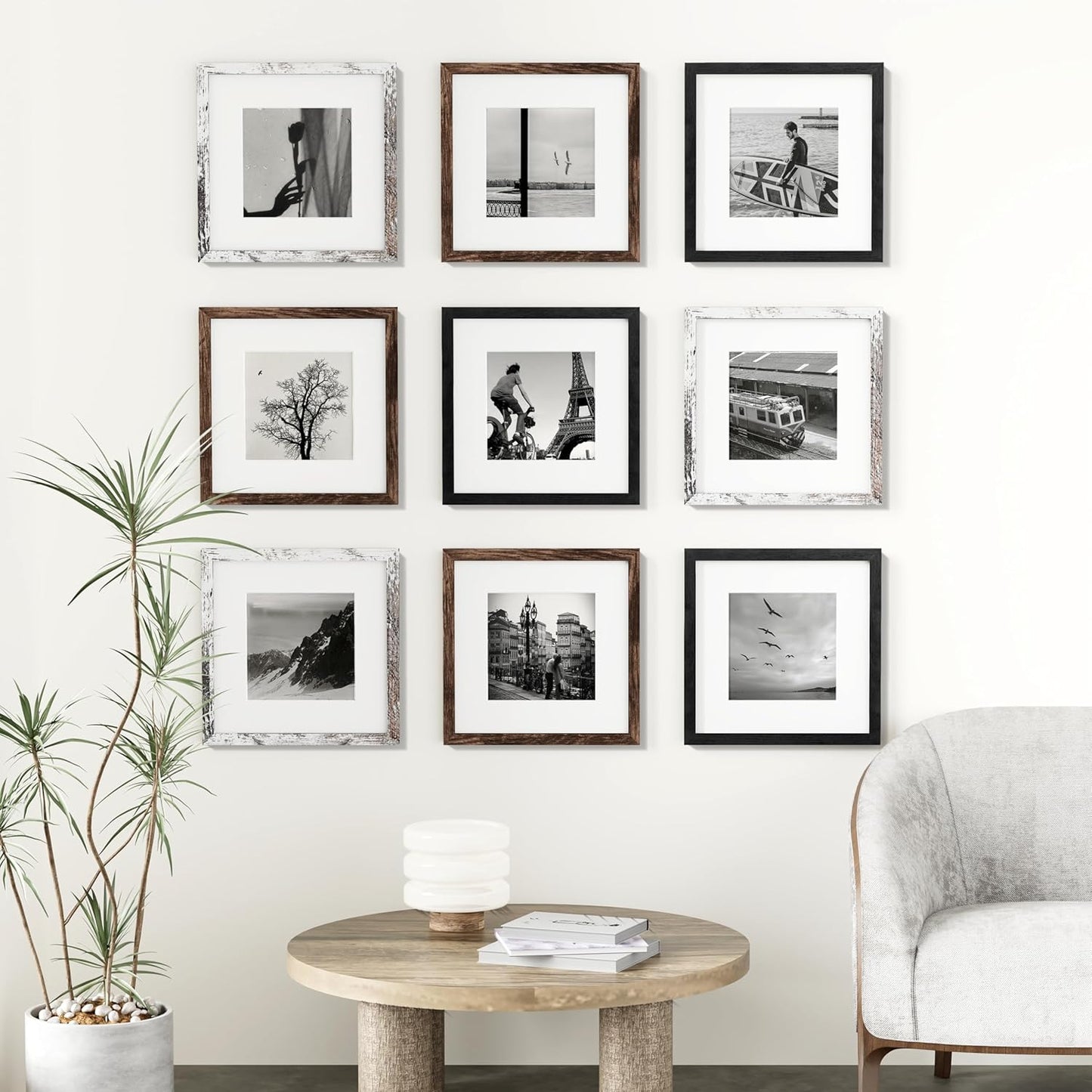 Vittanly 8x10 Picture Frames Set of 9, Shatter Resistant Plexiglass, Display 5x7 Pictures with Mat or 8x10 without Mat, Photo Frames for Wall or Tabletop, Engineered Wood, Black - Colors B