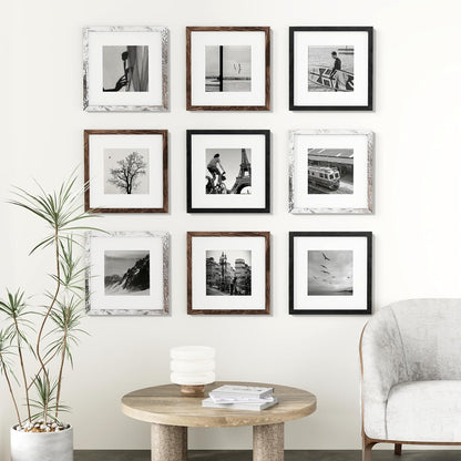 Vittanly 8x10 Picture Frames Set of 9, Shatter Resistant Plexiglass, Display 5x7 Pictures with Mat or 8x10 without Mat, Photo Frames for Wall or Tabletop, Engineered Wood, Black - Colors B