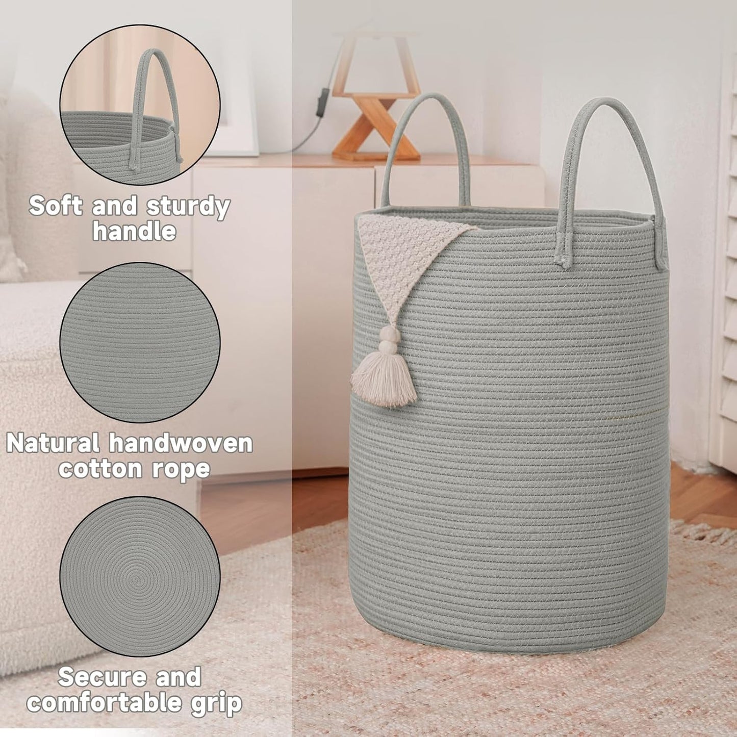 JMvicyroam Large Woven Laundry Basket Hamper,60L Cotton Rope Storage Bin for Blankets,Toys and Clothes,Decorative Tall Nursery Hamper for Living Room,Baby Nursery,Bathroom and Bedroom,Brown