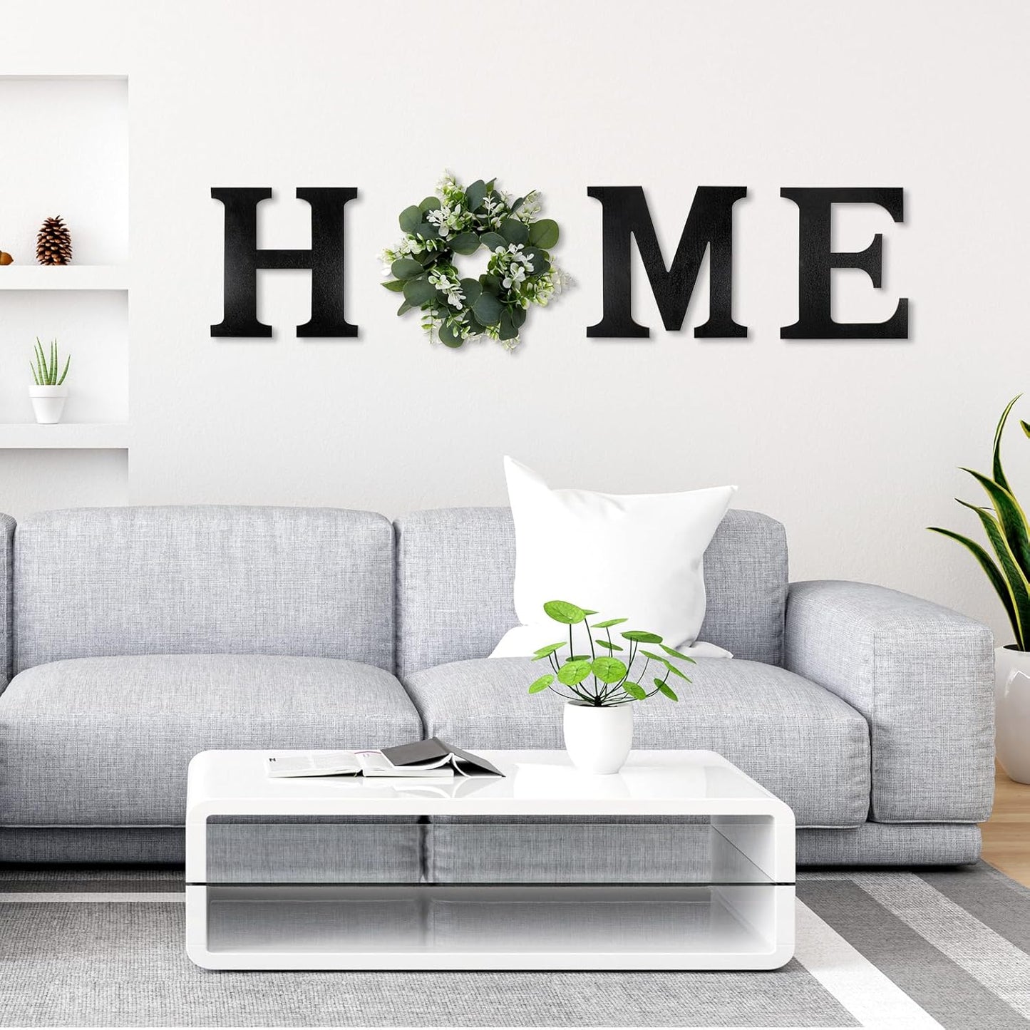 Wood Home Sign with Artificial Eucalyptus Wreath for O, Farmhouse Wall Home Sign Rustic Wooden Hanging Letters Decorative Wall Art Decor for Living Room Kitchen Housewarming Couple Gifts