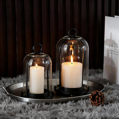 Glass Hurricane Candle Holder Decorative Gold Candle Lantern, Pillar Candlestick Holders Set of 2, Hanging Metal Holder Modern Table Centerpieces, Antique Brass