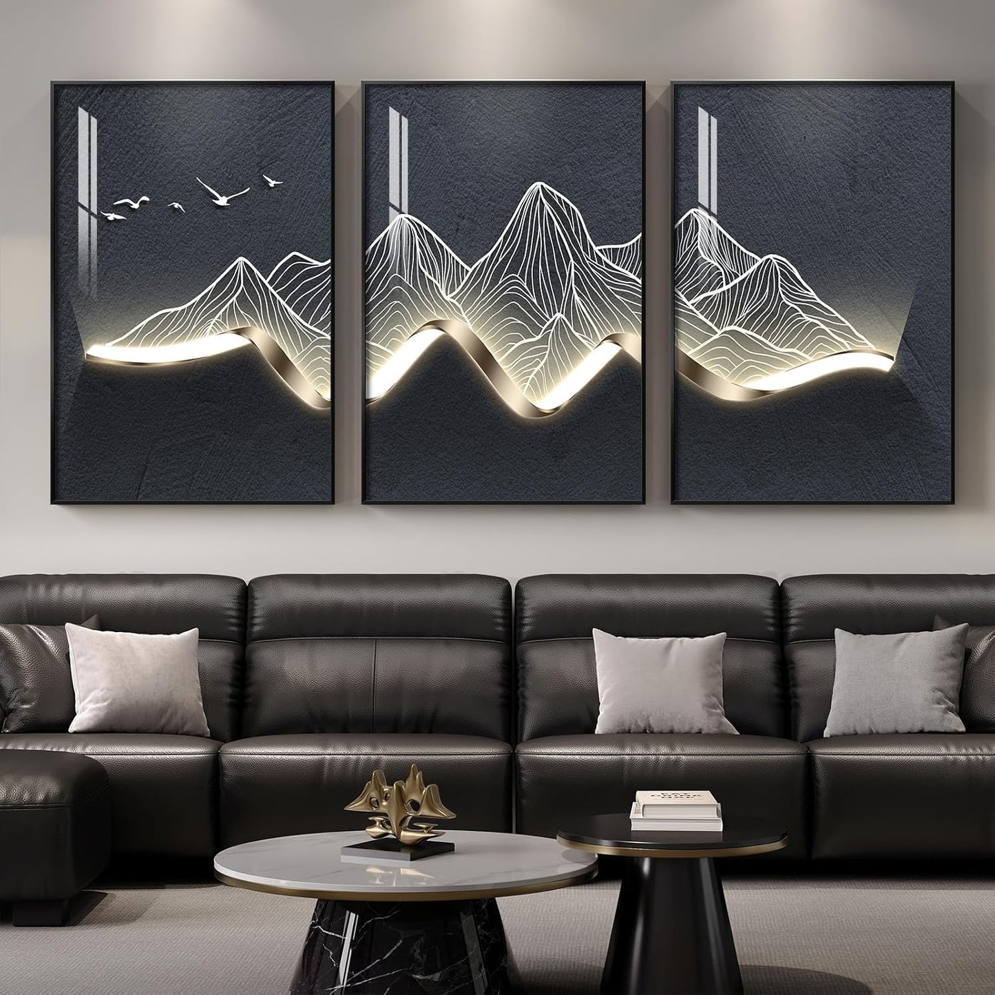Framed Modern Luxury Gold Wall Art, Set of 3 Piece Contemporary Paintings Artwork for Walls, Golden Prints Pictures with Gold Frame, Wall Decor for Living Room, Hallway, Bedroom, Office 16x24 Inch