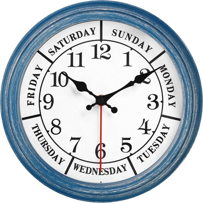 JENLYSTIME 12 Inch Indoor/Outdoor Retro Waterproof Wall Clock with Thermometer Silent Round Quartz Battery Operated Easy to Read Decorative for Kitchen Patio,Bathroom,Deck,Porch,Pool(Blue)