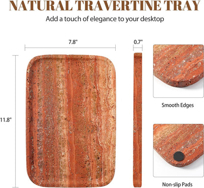 Koville Romano Travertine Tray, 12"x8" Natural Stone Vanity Tray for Countertop Bathroom Kitchen Dresser, Decorative Marble Catchall Trays for Perfume Jewelry, Rectangular Serving Tray(Beige)