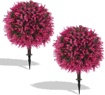 Artificial Lavender Topiary Ball Trees, 2 Set of UV Resistant Fake Evergreen Shrubs Bushes Plants with Ground Spike, Fake Plants for Outdoor Indoor Front Porch Garden