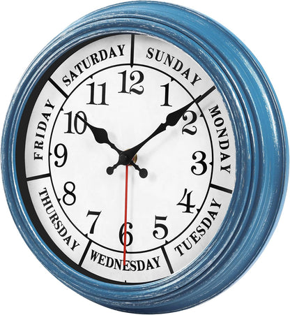 JENLYSTIME 12 Inch Indoor/Outdoor Retro Waterproof Wall Clock with Thermometer Silent Round Quartz Battery Operated Easy to Read Decorative for Kitchen Patio,Bathroom,Deck,Porch,Pool(Blue)