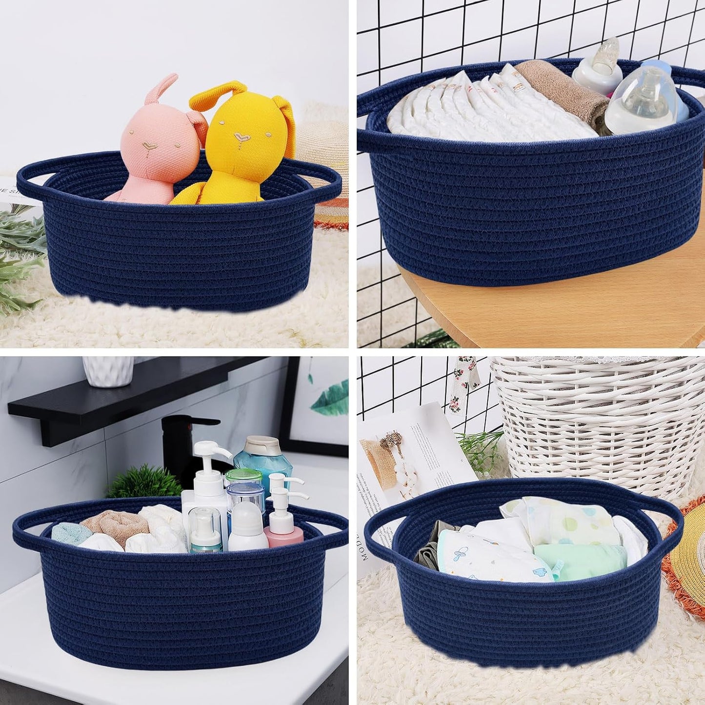 ABenkle Small Basket with Handles, Boho Decorative Rope Woven Dog Cat Toy Storage Bin Shelf Storage Organizer, Easter Christmas Gift Basket, 12"x8"x5", White