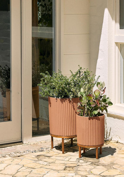 Veradek Demi Series Round Planter w/ Stand for Porch/Patio | Durable Plastic-Concrete & Wooden Stand | Modern Décor for Tall Plants, Flowers