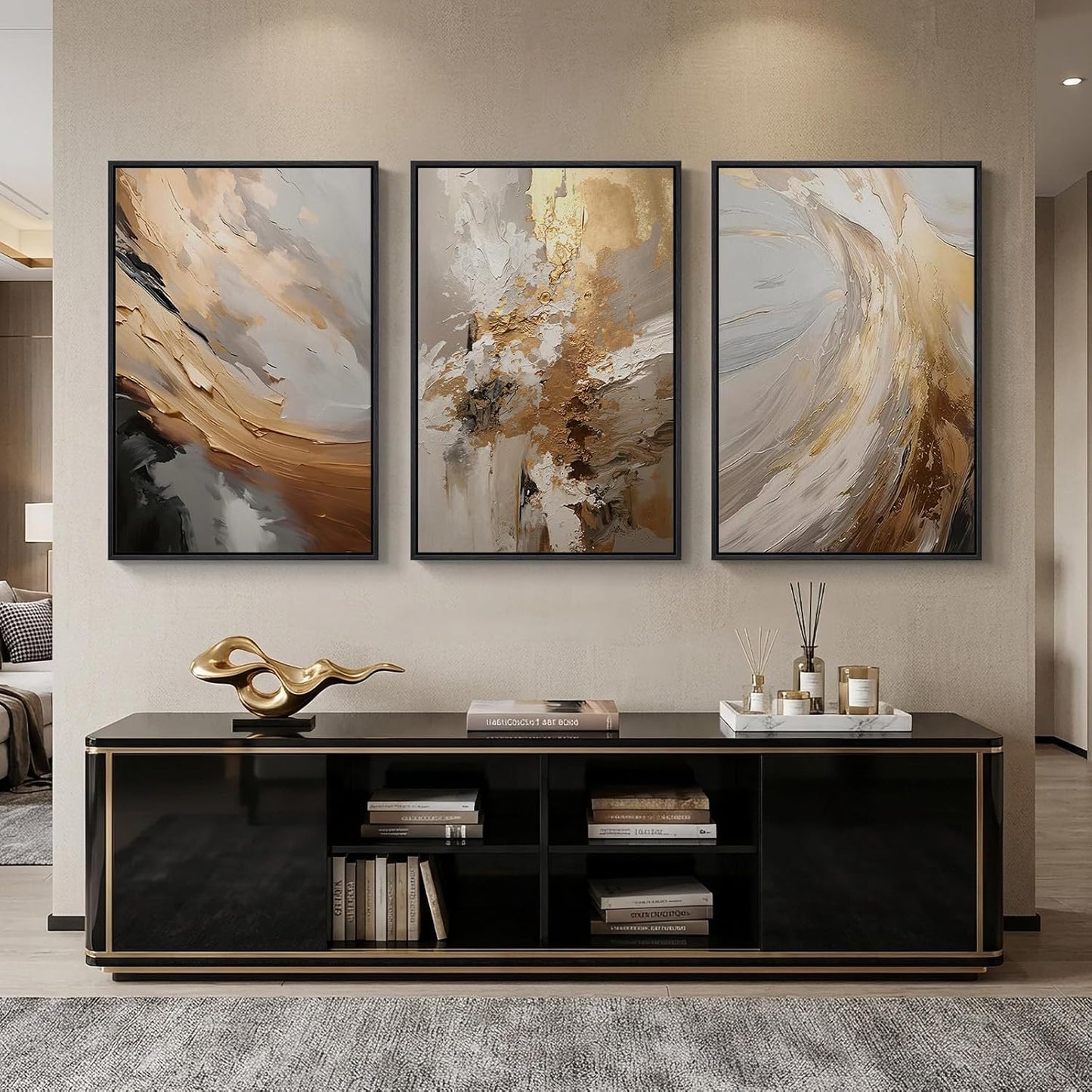 Large Framed Neutral Abstract Wall Art for Living Room, 3 Piece Modern Canvas Prints Paintings Artwork for Walls, Black and Beige Pictures for Living Room Hallway Stair Office Wall Decor 24x36 Inch