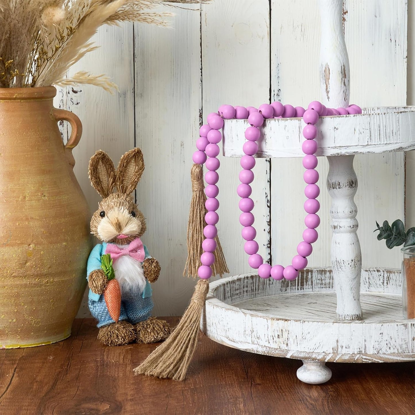 OMISHE 59in Wood Bead Garland with Tassels, Decorative Beads, Farmhouse Wooden Beads Garland for Wall Hanging Home Festival Decor, Aqua, Teal