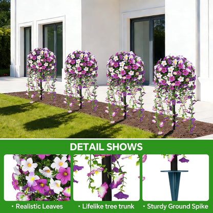 Artificial Lavender Topiary Ball Trees, 2 Set of UV Resistant Fake Evergreen Shrubs Bushes Plants with Ground Spike, Fake Plants for Outdoor Indoor Front Porch Garden