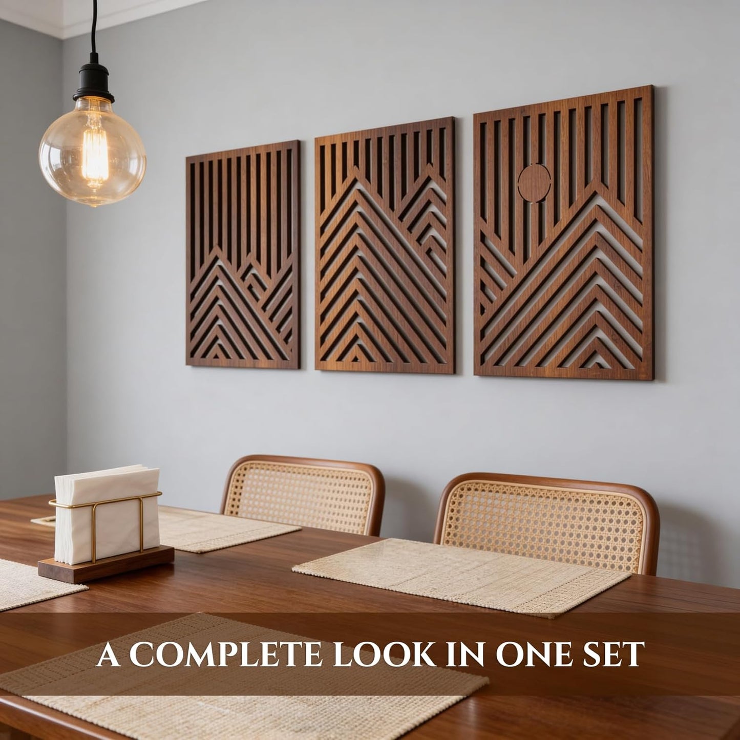 qmmp Modern Wooden Wall Sculptures - Set of 3 - Home Decor Accent - Large Wall Art for Living Room, Bedroom, Office - Easy Installation (Oak, Medium - Mountain and Sun)