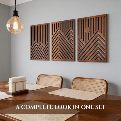 qmmp Modern Wooden Wall Sculptures - Set of 3 - Home Decor Accent - Large Wall Art for Living Room, Bedroom, Office - Easy Installation (Oak, Medium - Mountain and Sun)
