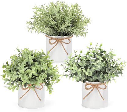Mkono 3 Pack Small Fake Plants in Black Galvanized Metal Pots Artificial Eucalyptus Plants for Christmas Decorations Shelf Desk Home Farmhouse Room Coffee Table Bathroom Decor