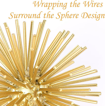 Metal Decorative Starburst Ball, 6 Inch Gold Sphere Decor, Spiky Star Burst Tabletop Sculpture, Mid-Century Modern Metal Spike Ball for Home, Living Room, Office & Shelf Decor