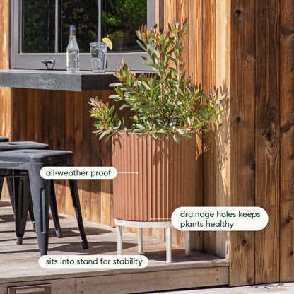 Veradek Demi Series Round Planter w/ Stand for Porch/Patio | Durable Plastic-Concrete & Wooden Stand | Modern Décor for Tall Plants, Flowers