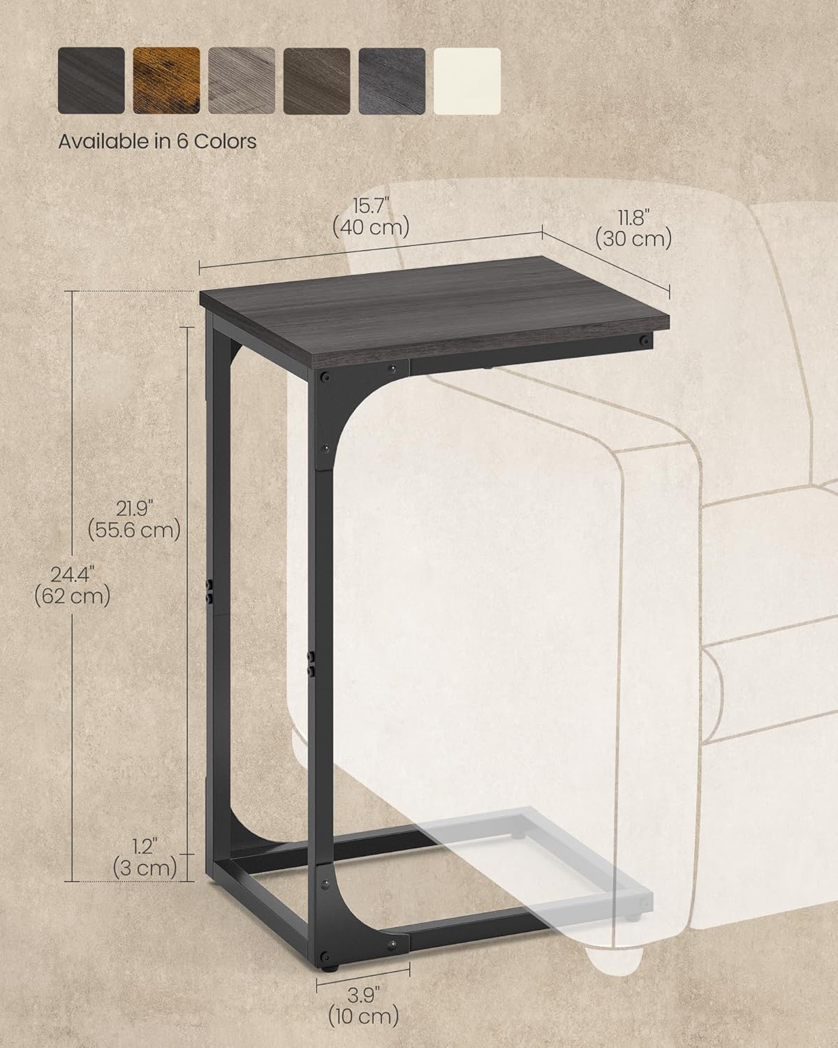 VASAGLE C-Shaped End Table, Small Side Table for Couch, Sofa Table with Metal Frame for Living Room, Bedroom, Bedside, Rustic Brown and Black