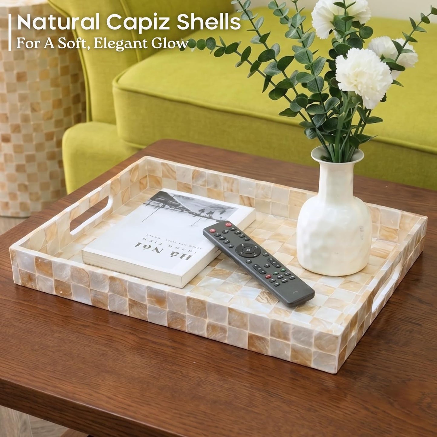 CHI AN HOME 15.8" x 11.8" Decorative Rectangular Tray with Natural Capiz Shells, Checkered Tray with Handles, Serving Tray for Ottoman, Coffee Table, Kitchen Counter Home Decor (Pistachio Green)