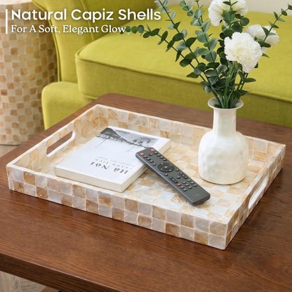 CHI AN HOME 15.8" x 11.8" Decorative Rectangular Tray with Natural Capiz Shells, Checkered Tray with Handles, Serving Tray for Ottoman, Coffee Table, Kitchen Counter Home Decor (Pistachio Green)