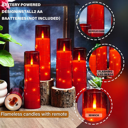Nimiko Flickering Flameless LED Candles, 9 Pcs with Embedded Star String, Acrylic LED Pillar Candles with Remote, Suitable for Home Decoration (White)