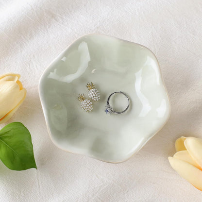Pink Flower Ring Dish Holder,Jewelry Dish Tray,Small Trinket Tray,Jewelry Plate Bowl,Key Bowl,Decorative Plate,Mothers Day Birthday Gifts for Women Friends,Ceramic Kiln effect White