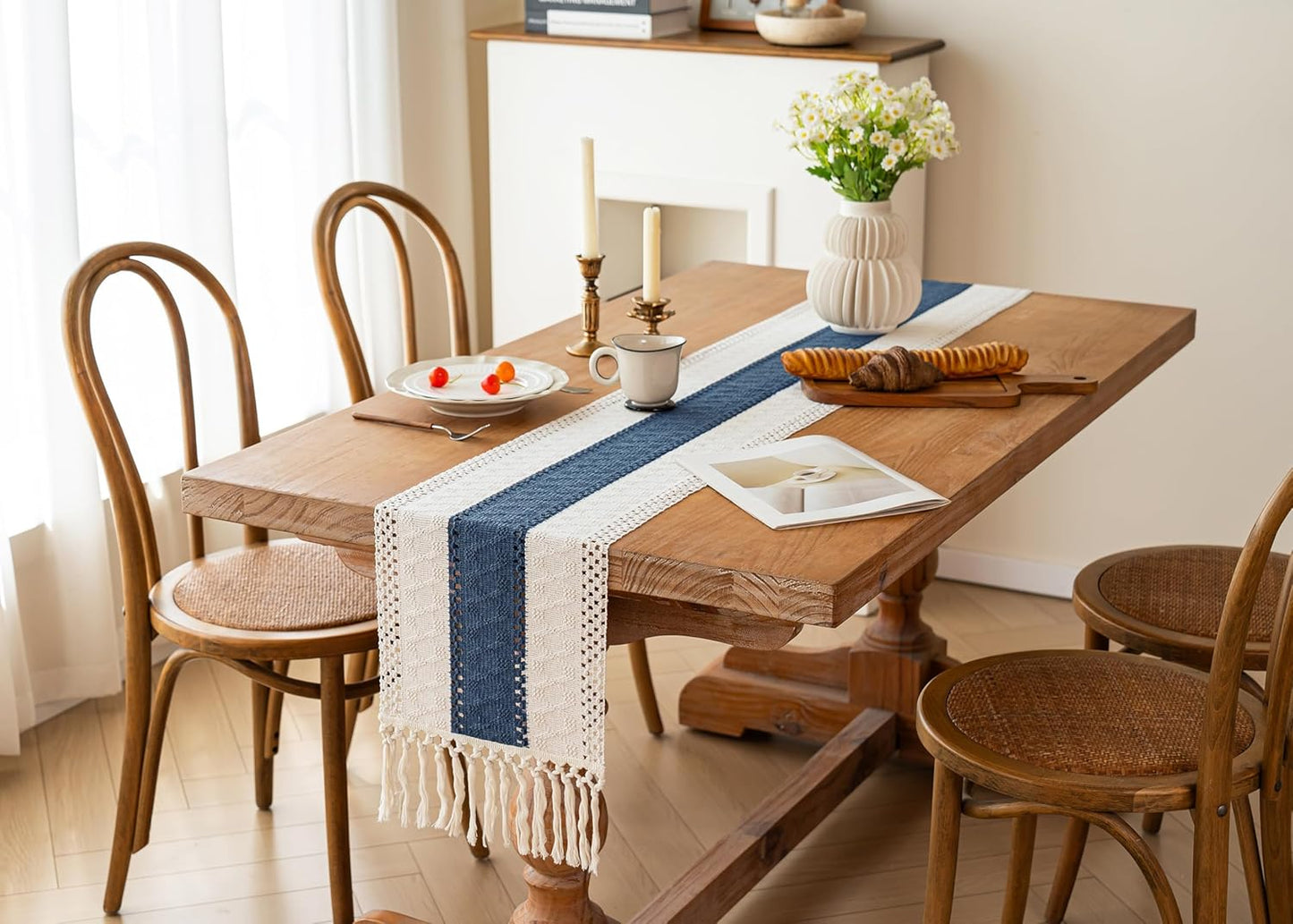 FEXIA Boho Table Runner for Thanksgiving Fall Christmas Home Decor with Tassels 72 Inches Long Pottery barn Furniture Farmhouse Rustic Macrame Burlap Table Decoration for Living Room (12x72 Inches)