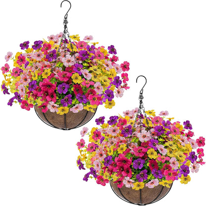2 Sets Artificial Hanging Plants Flowers Basket Outdoor, Fake Hanging Plants 24 Pcs Flowers for Porch Patio Garden Home Decor for Mothers Day Memorial Day Spring Summer (Red, Purple, Yellow, Rose Red)