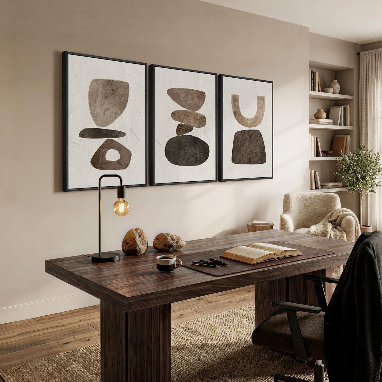 Large Framed Neutral Abstract Wall Art for Living Room, 3 Piece Modern Canvas Prints Paintings Artwork for Walls, Black and Beige Pictures for Living Room Hallway Stair Office Wall Decor 24x36 Inch