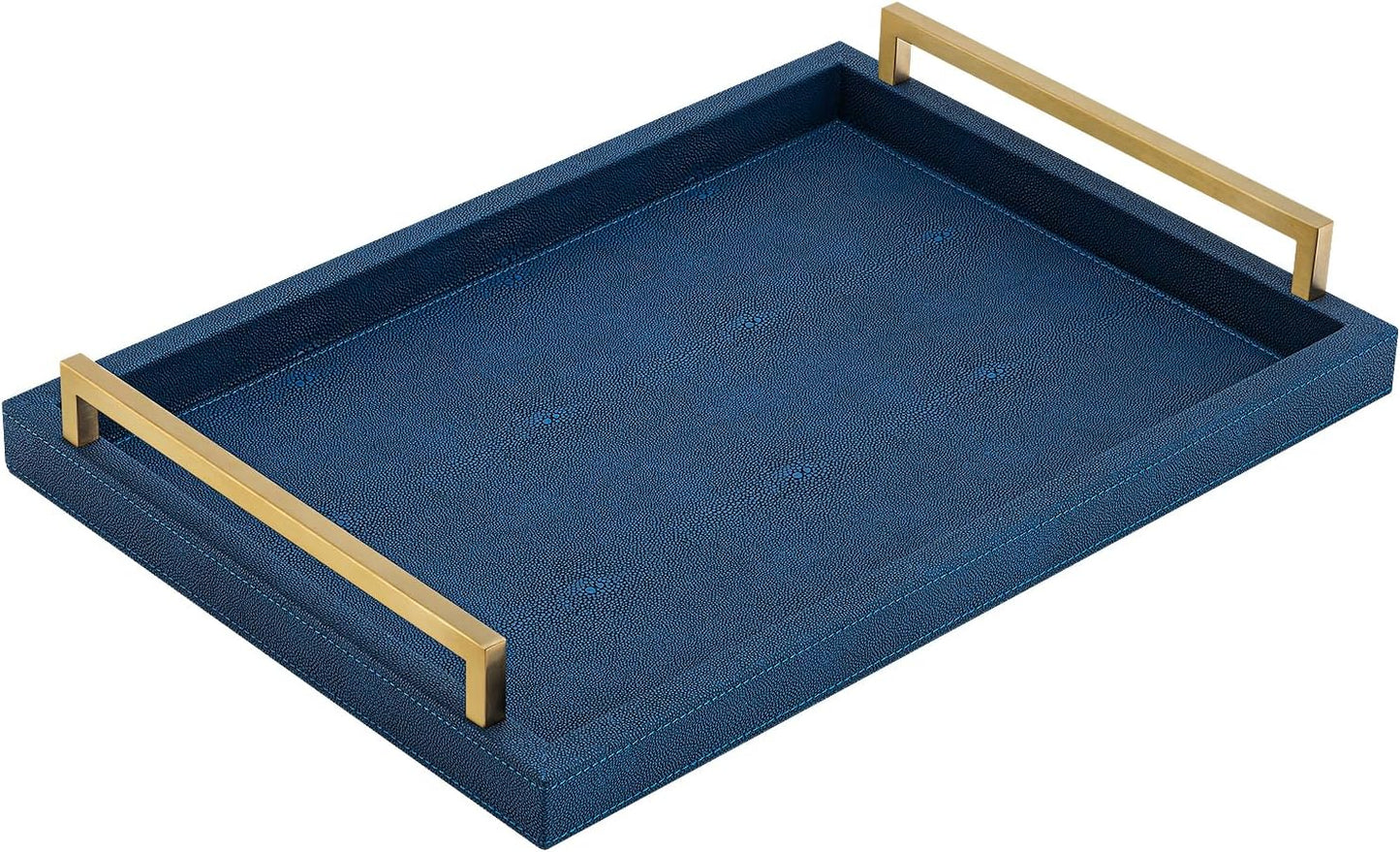 XIGEXIGE Ivory Shagreen Decorative Tray Large Rectangle Coffee Table Tray for Ottoman Faux Leather Serving Tray with Brushed Gold Handles