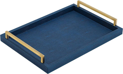XIGEXIGE Ivory Shagreen Decorative Tray Large Rectangle Coffee Table Tray for Ottoman Faux Leather Serving Tray with Brushed Gold Handles