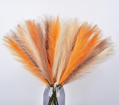 LSKYTOP Orange Pampas Grass Decor,23Inch 12pcs Faux Pampas Grass Bouquets Artificial Pampas Fake Pampas Flower for Home Living Room Bedroom Vase Decor